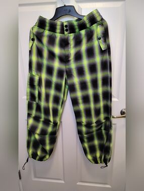Plaid Cargo Jogger Pants In Neon Green And Black - Women